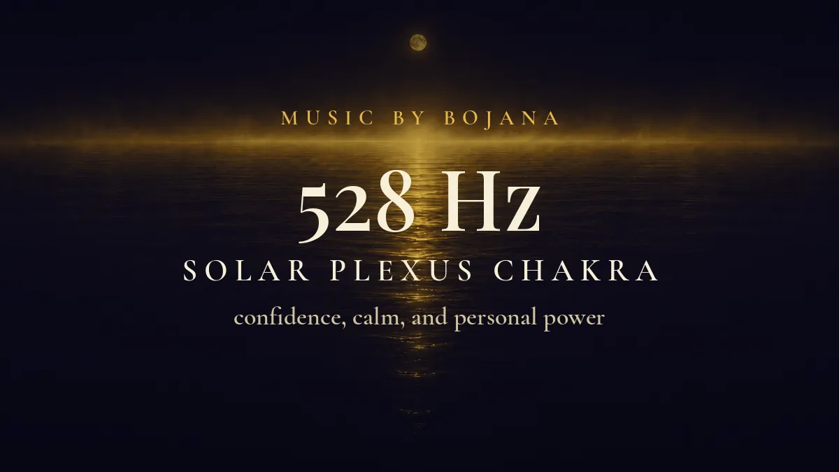 528 Hz solar plexus chakra music, gold night ocean artwork by Bojana
