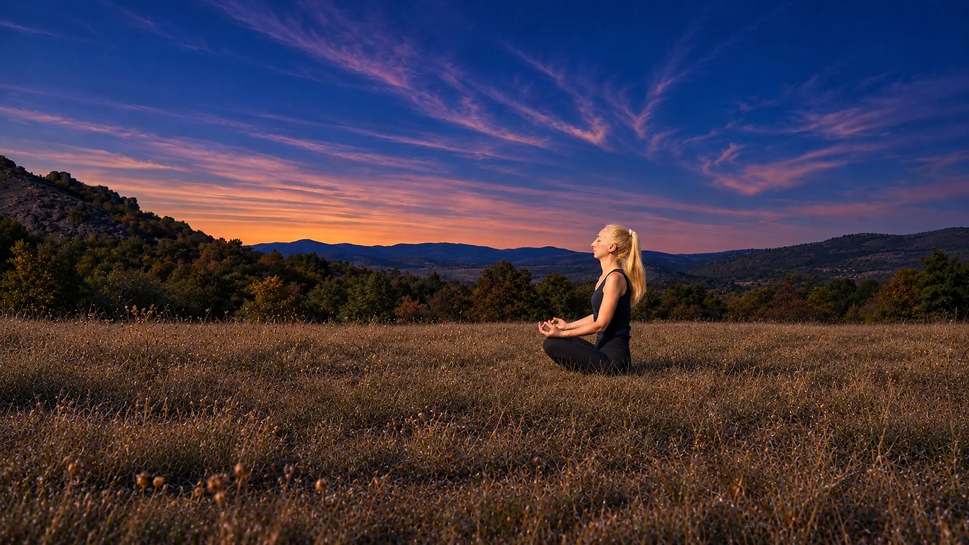 Bojana, composer of Bojana Music, meditating in a field at dusk